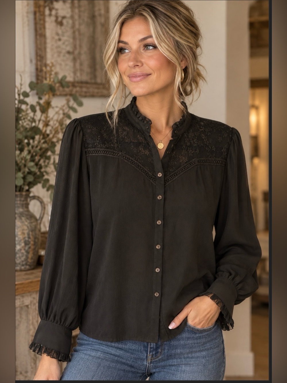 Cece Long Sleeve Lace-Yoke Black Button Down Blouse XL